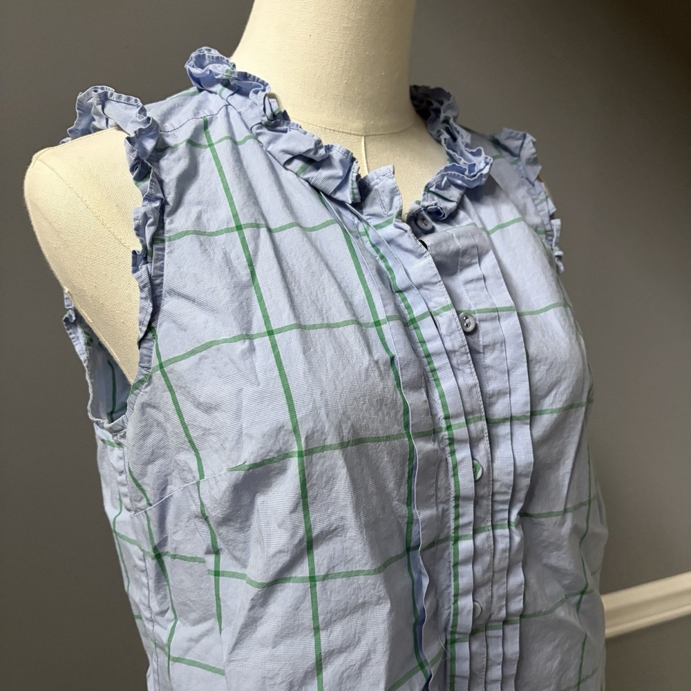 J. Crew Sleeveless Ruffle Button Front Top Size M Pintuck Blue Windowpane Preppy